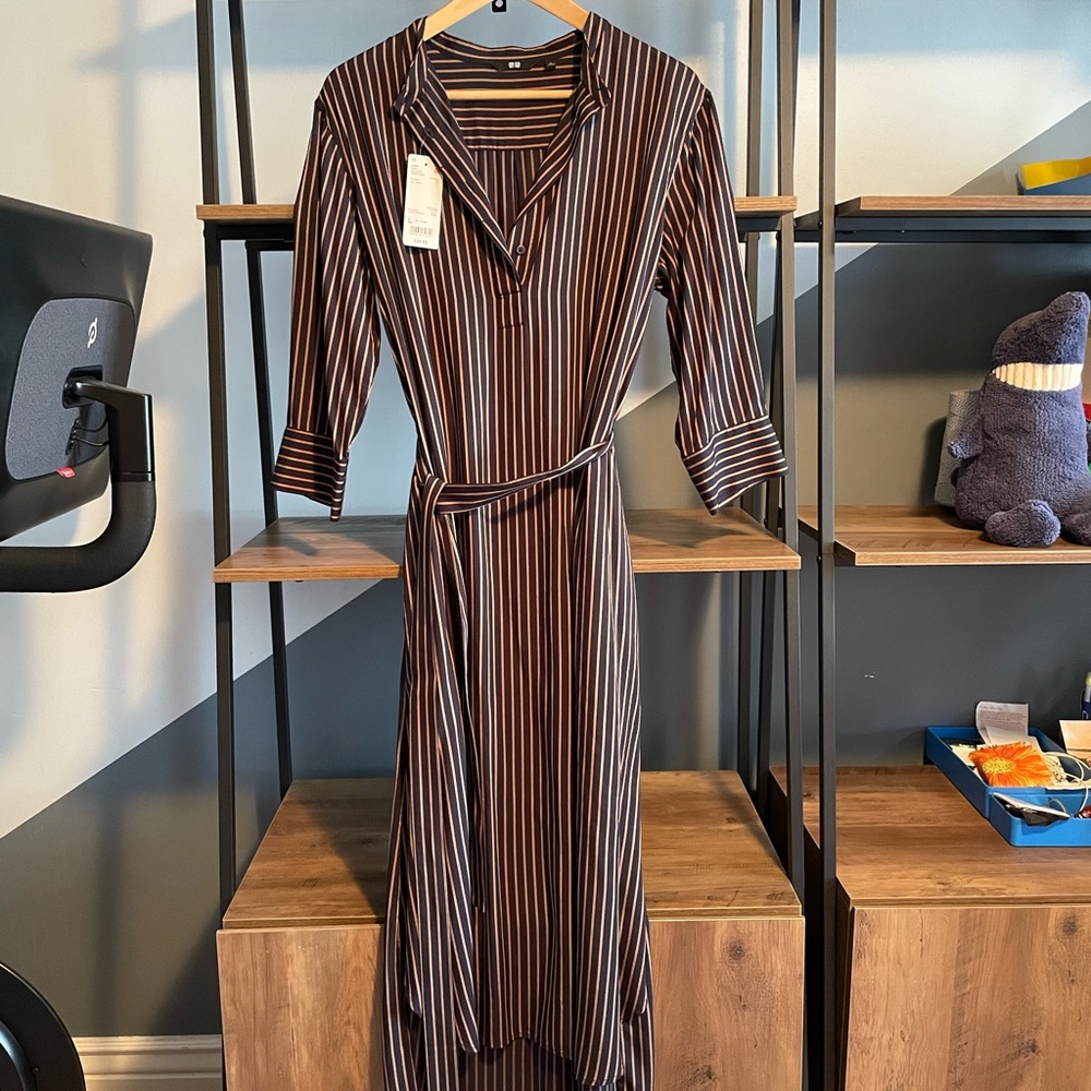 NWT Uniqlo Vertical Striped Shirtdress - Navy and Gold